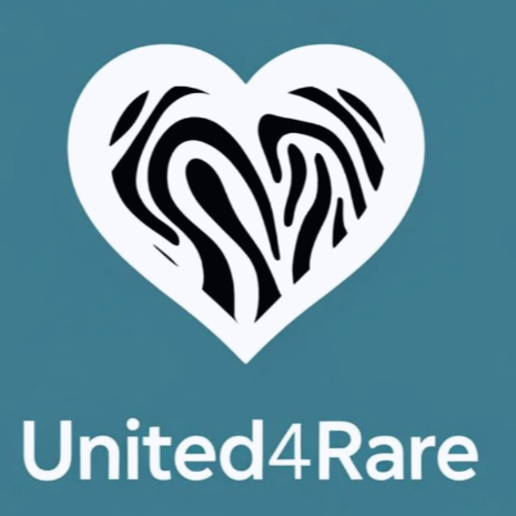 Heart-shaped logo with zebra stripes and 'United4Rare' text on a teal background