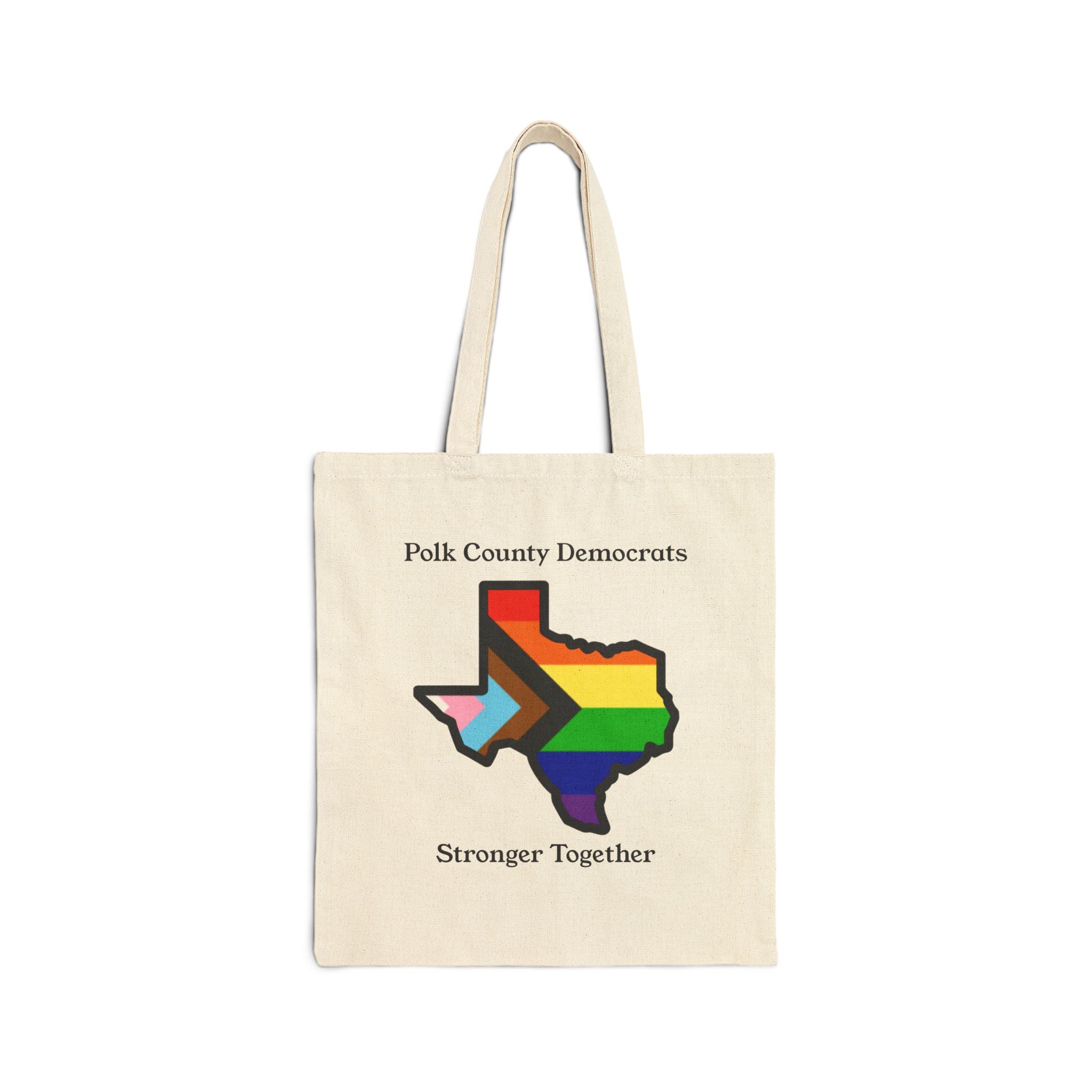 Polk County Democrats Cotton Canvas Tote Bag - Stronger Together Pride Design