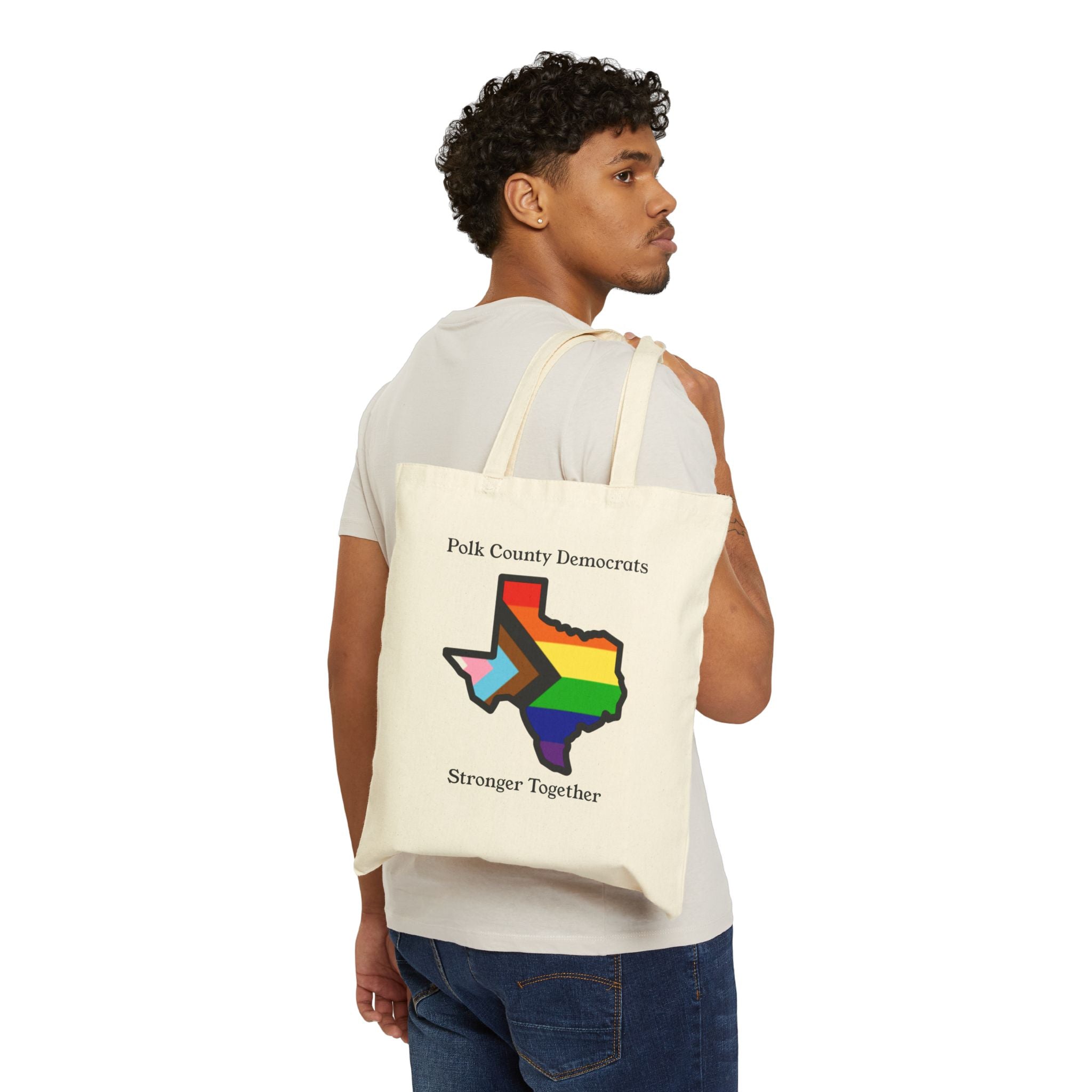 Polk County Democrats Cotton Canvas Tote Bag - Stronger Together Pride Design