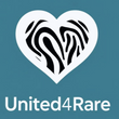 Heart-shaped logo with zebra stripes and 'United4Rare' text on a teal background